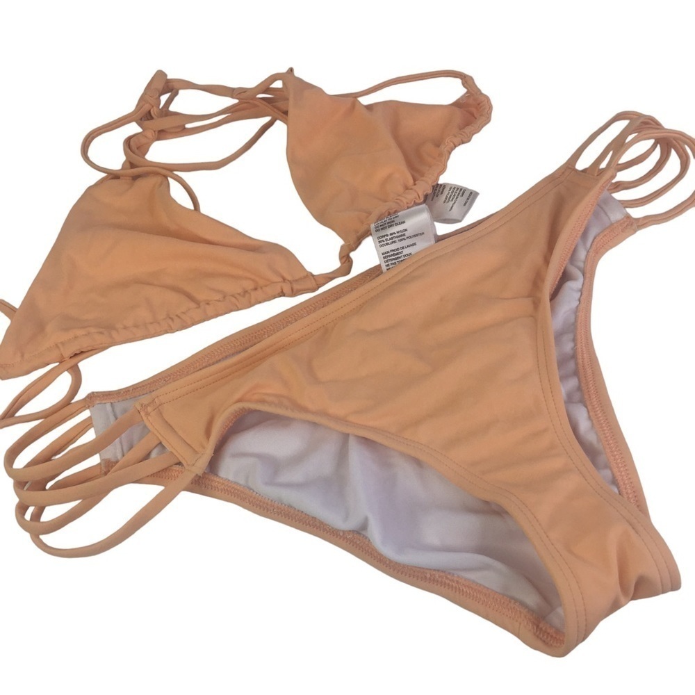 New Orange Peach Strappy Swimsuit Set Top Bottom Size Large